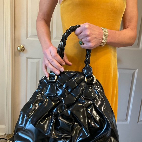 Valentino Garavani Black Patent Leather Braided Handle Shoulder Bag Tote w/ wear - Picture 5 of 16